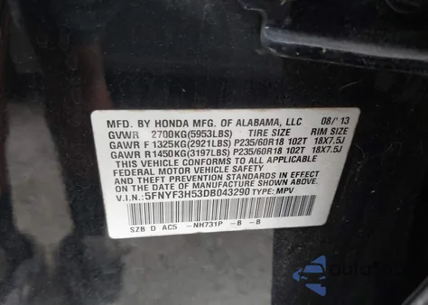 2013 Honda Pilot Ex-L z USA, uszkodzony, nr VIN 5FNYF3H53DB043290